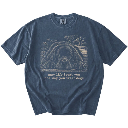 Newfie Karma Comfort Colors T-shirt in Denim — Flat Lay
