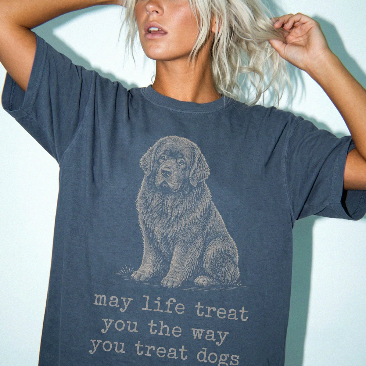 Woman wearing a Denim Newfie Karma T-Shirt