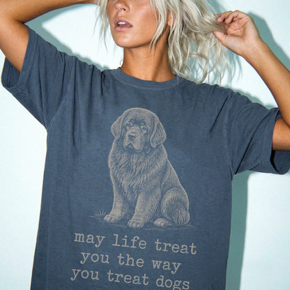 Woman wearing a Denim Newfie Karma T-Shirt