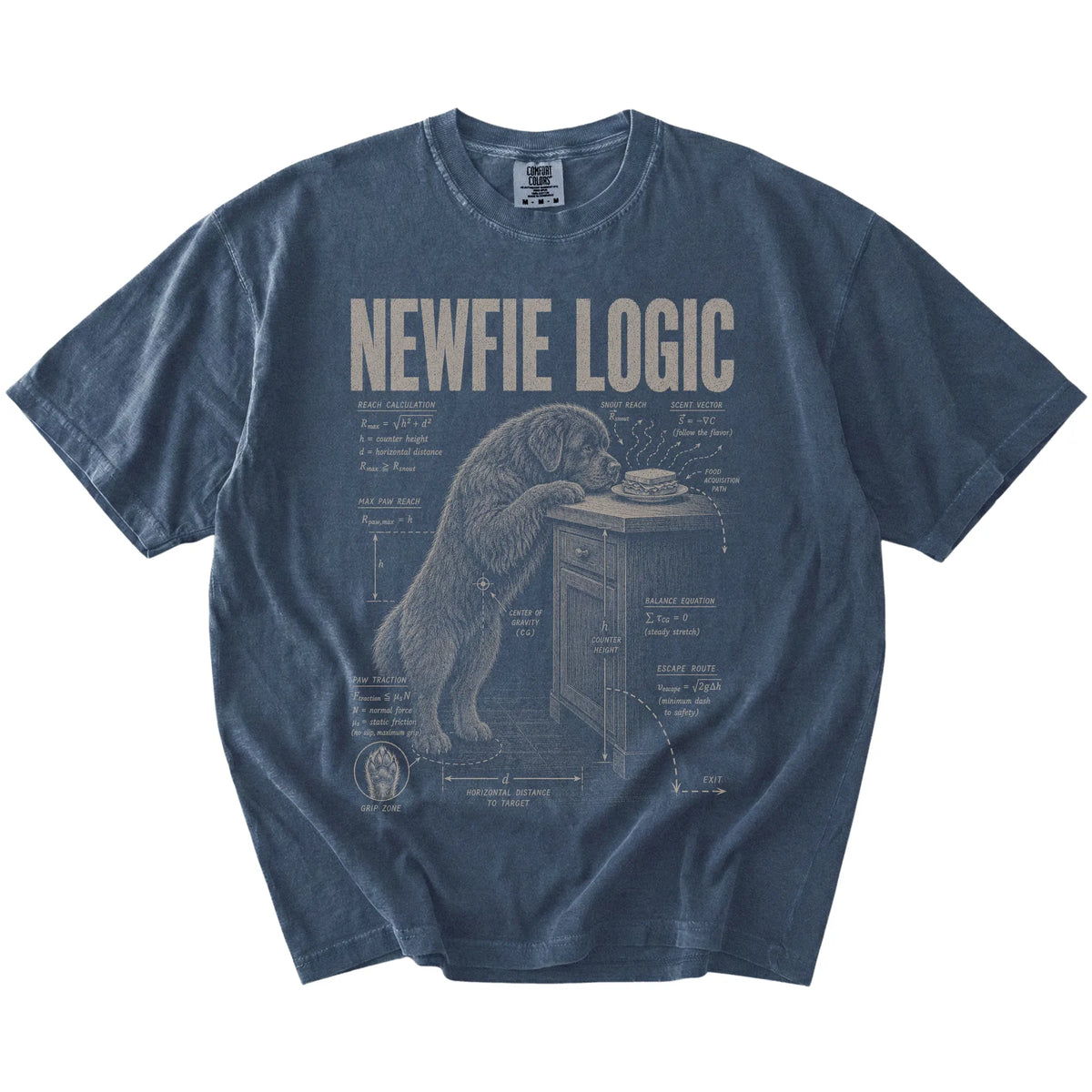 Denim Newfie Logic t-shirt laid flat