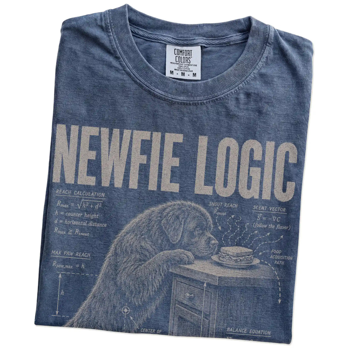 Folded Denim Newfie Logic t-shirt showing the graphic