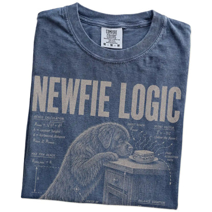Folded Denim Newfie Logic t-shirt showing the graphic