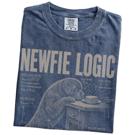 Folded Denim Newfie Logic t-shirt showing the graphic
