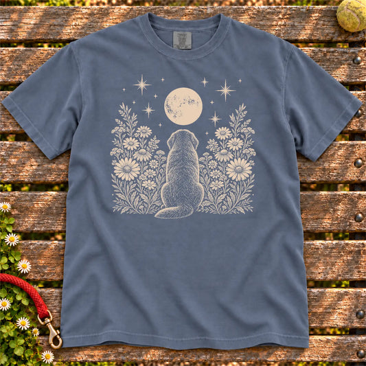 Newfie Moon Garden on a Denim T-shirt, shown flat