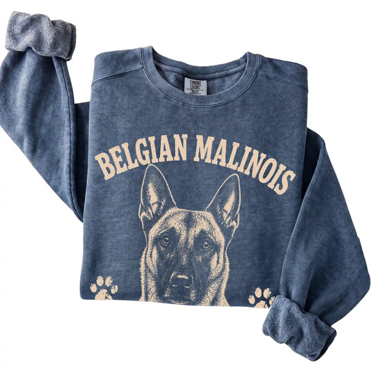 Denim Comfort Colors® sweatshirt featuring No Off Switch, No Problem - Belgian Malinois, folded presentation