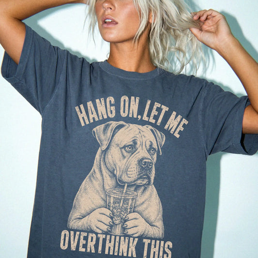 Woman wearing a Denim Overthinking American Bulldog T-Shirt