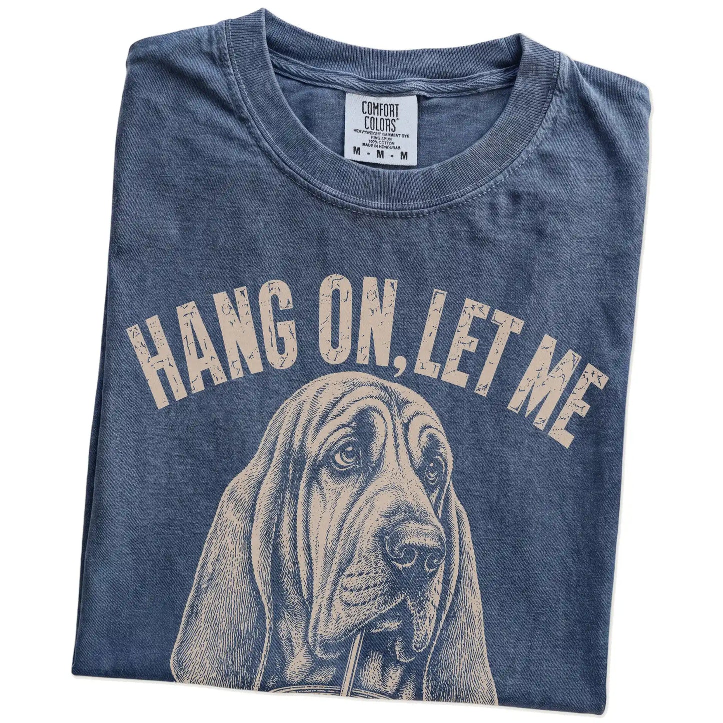 Folded Denim Overthinking Bloodhound T-Shirt showing the graphic