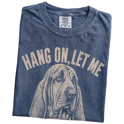 Folded Denim Overthinking Bloodhound T-Shirt showing the graphic