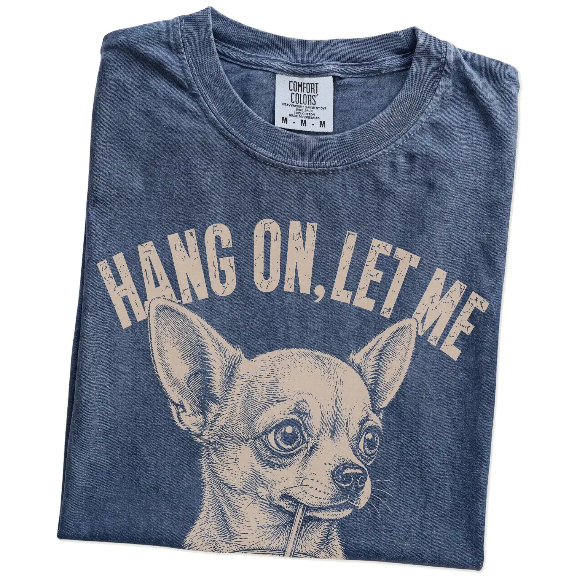 Folded Denim Overthinking Chihuahua T-Shirt showing the graphic