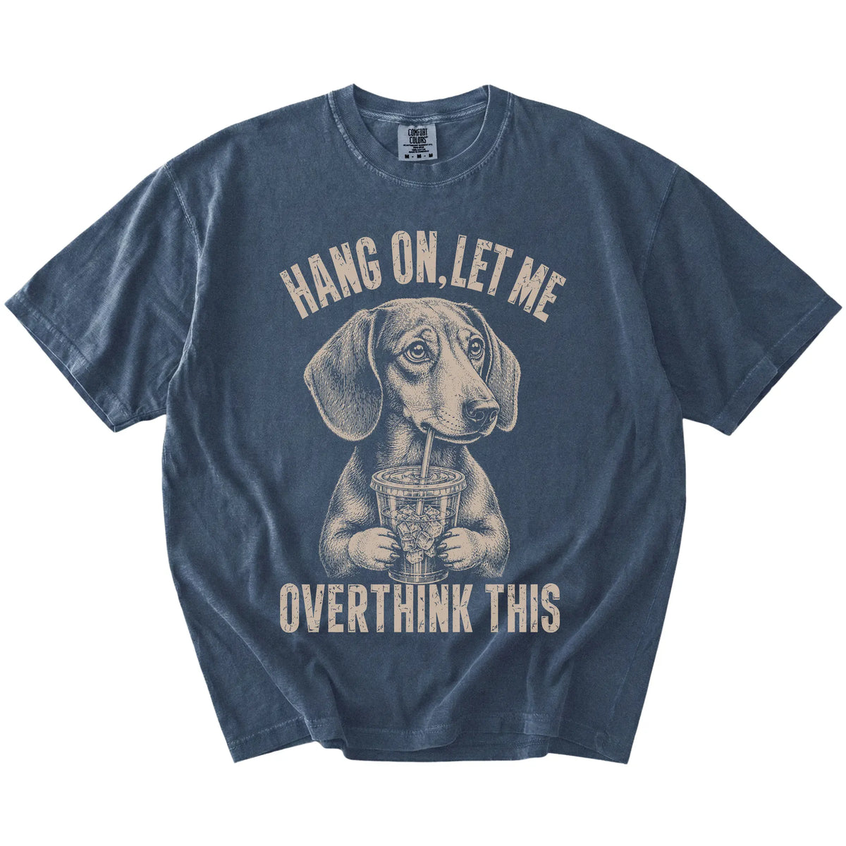 Denim Overthinking Dachshund T-Shirt laid flat