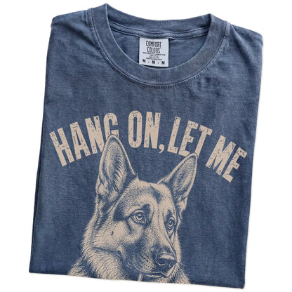 Folded Denim Overthinking German Shepherd T-Shirt showing the graphic