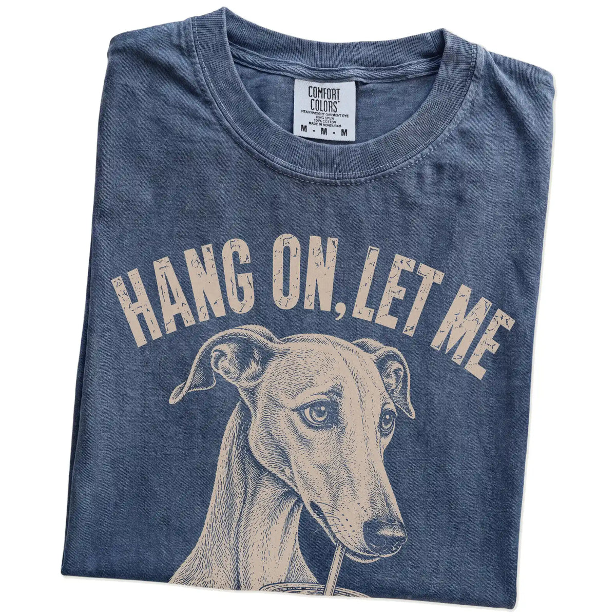 Folded Denim Overthinking Greyhound T-Shirt showing the graphic