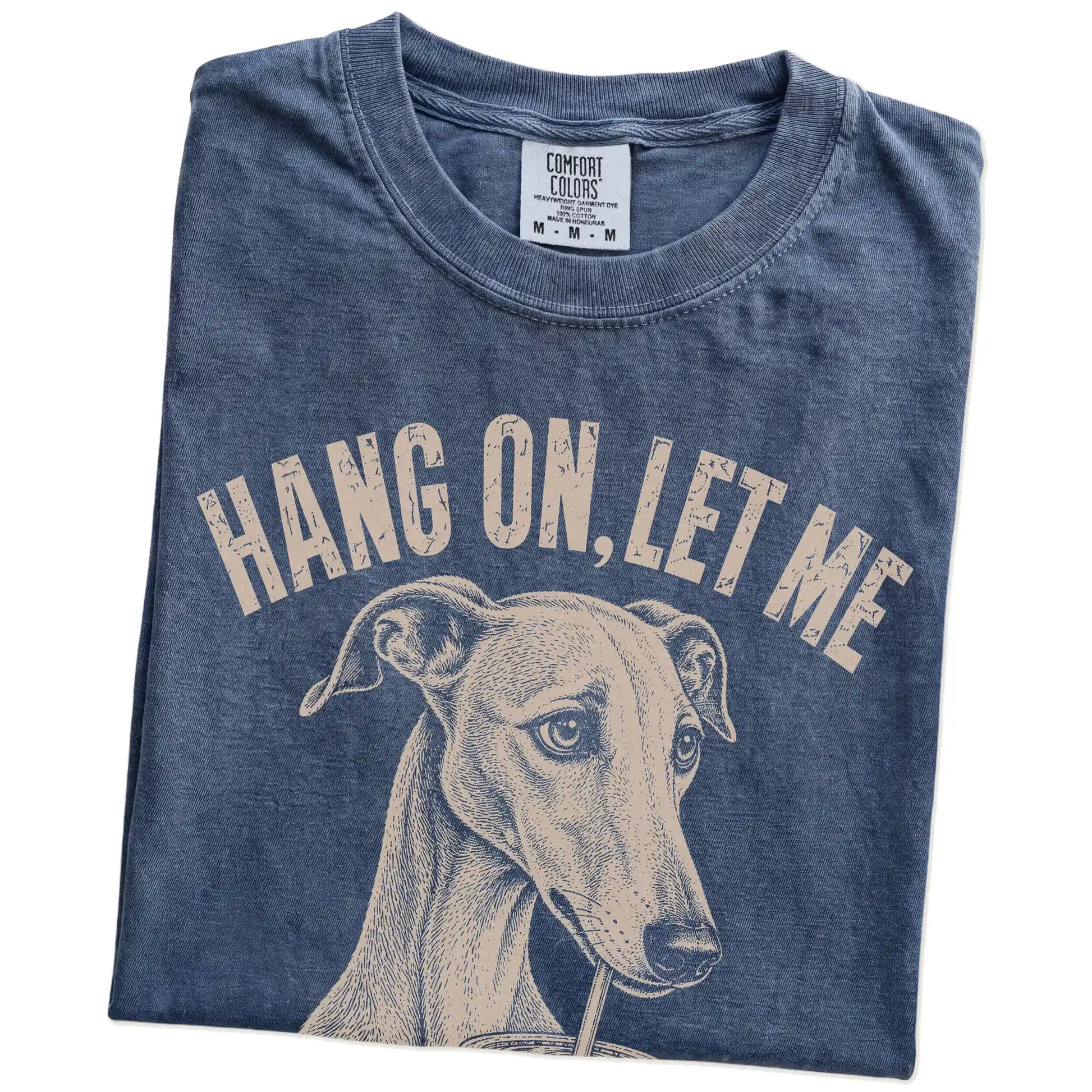 Folded Denim Overthinking Greyhound T-Shirt showing the graphic