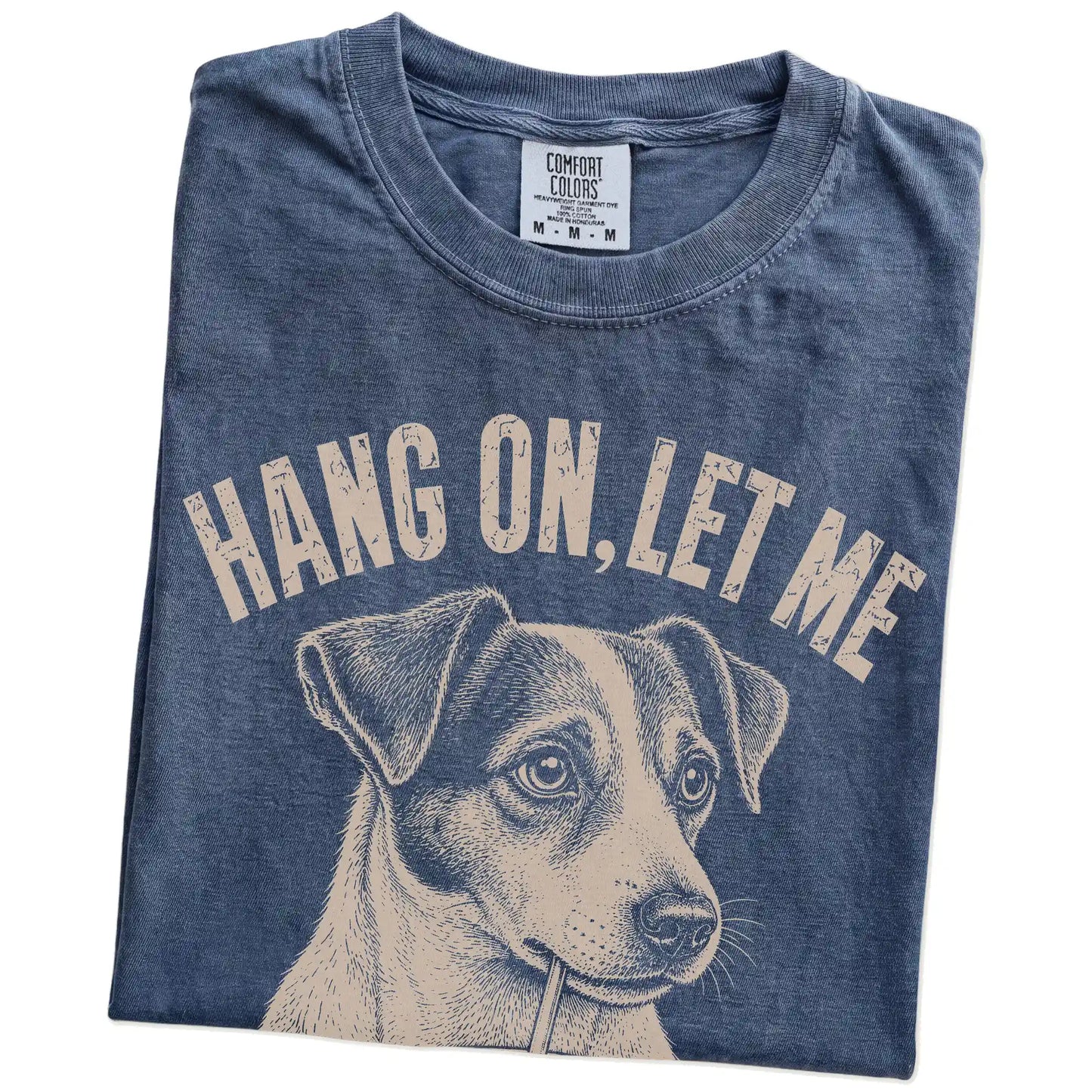 Folded Denim Overthinking Jack Russell T-Shirt showing the graphic