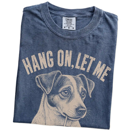 Folded Denim Overthinking Jack Russell T-Shirt showing the graphic