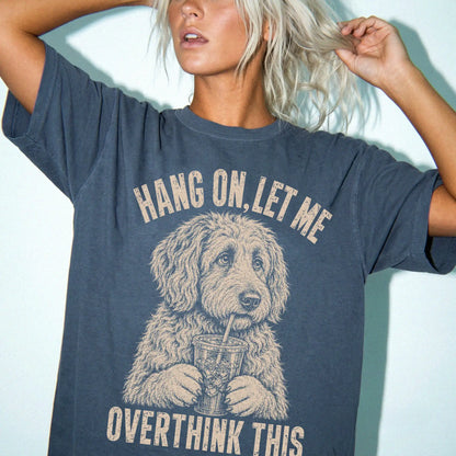 Woman wearing a Denim Overthinking Labradoodle T-Shirt