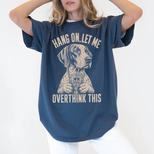 Woman wearing a Denim Overthinking Pointer T-Shirt