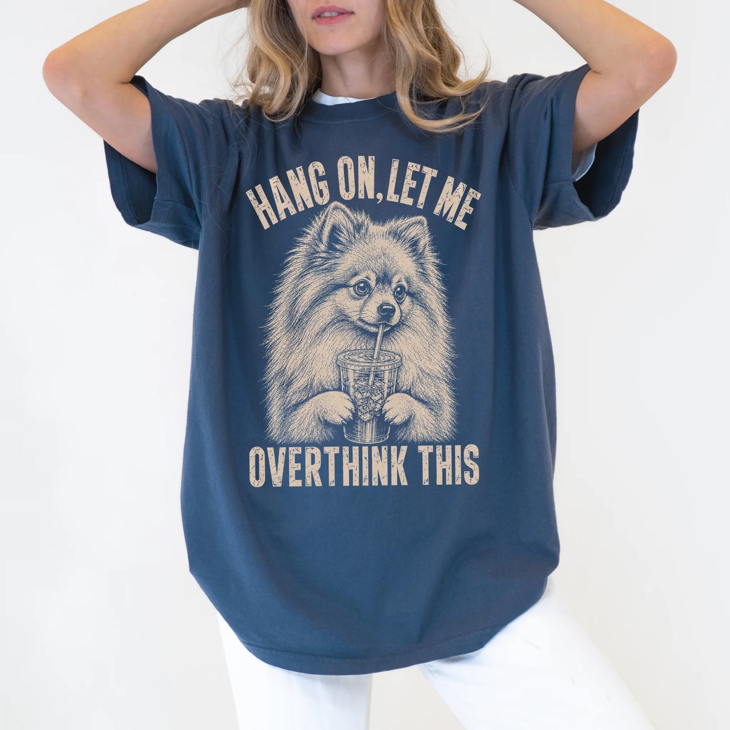 Woman wearing a Denim Overthinking Pomeranian T-Shirt