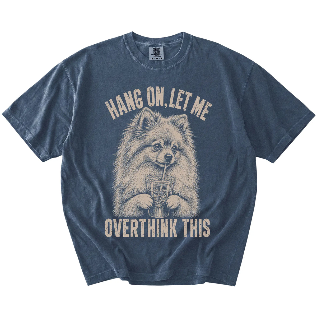 Denim Overthinking Pomeranian T-Shirt laid flat