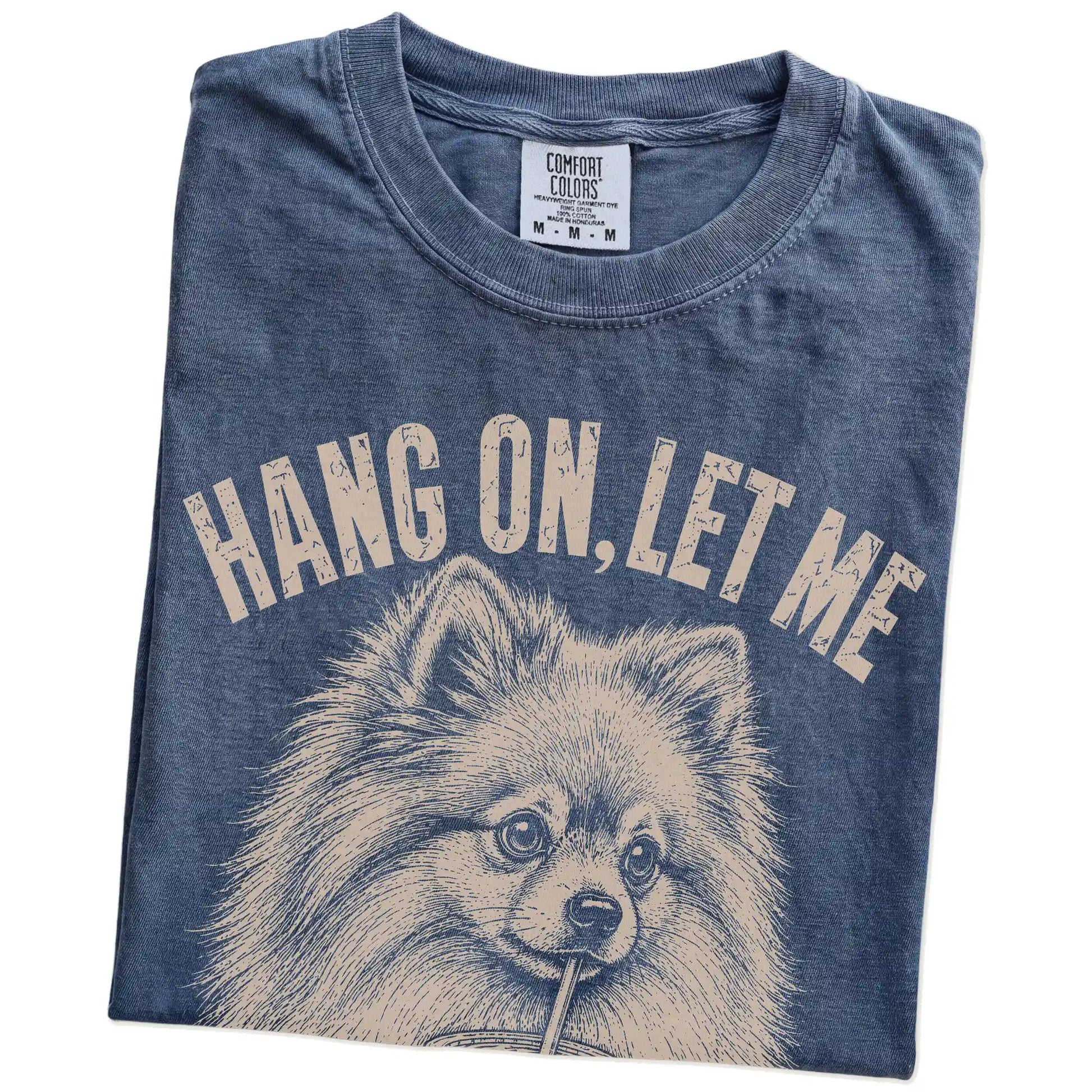 Folded Denim Overthinking Pomeranian T-Shirt showing the graphic