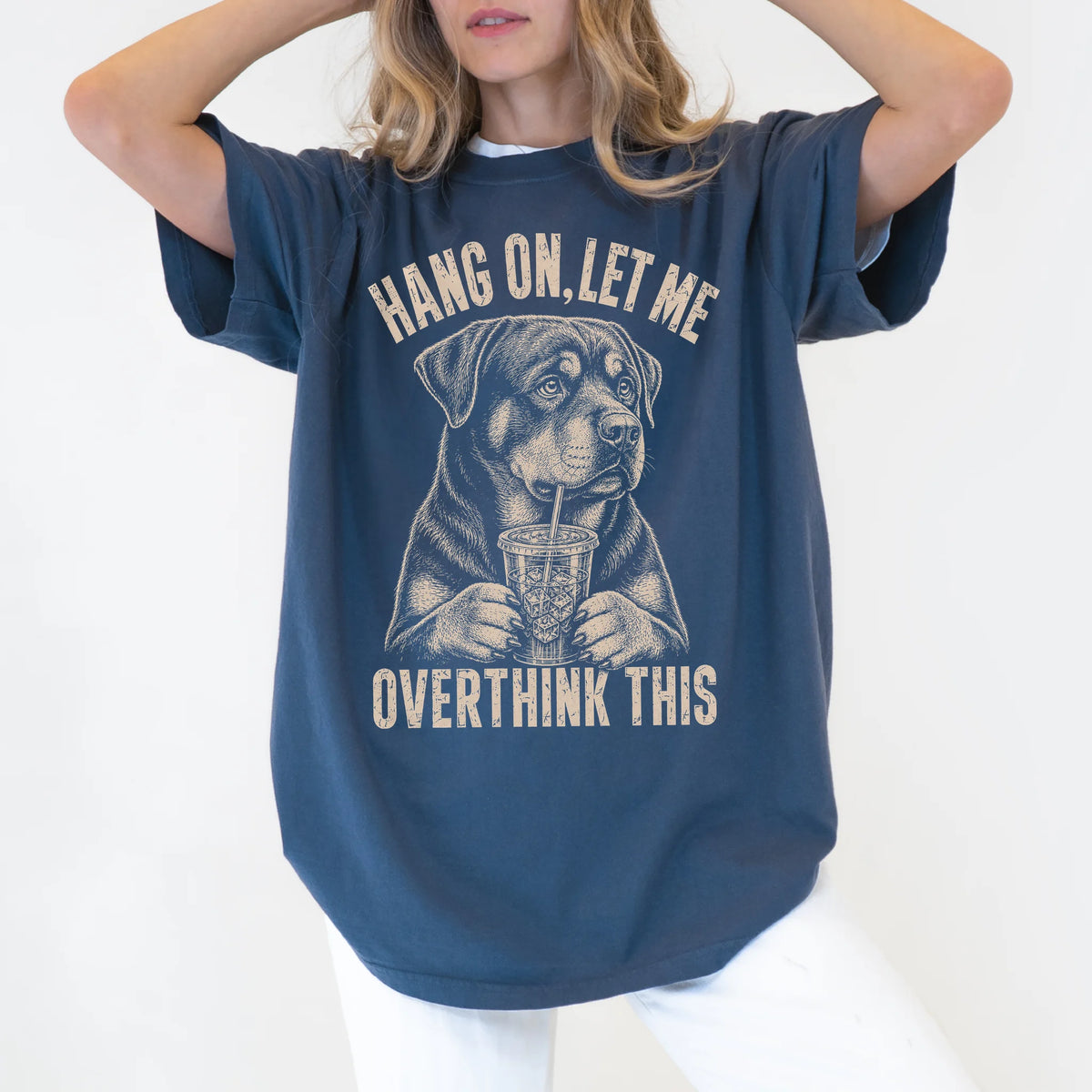 Woman wearing a Denim Overthinking Rottweiler T-Shirt