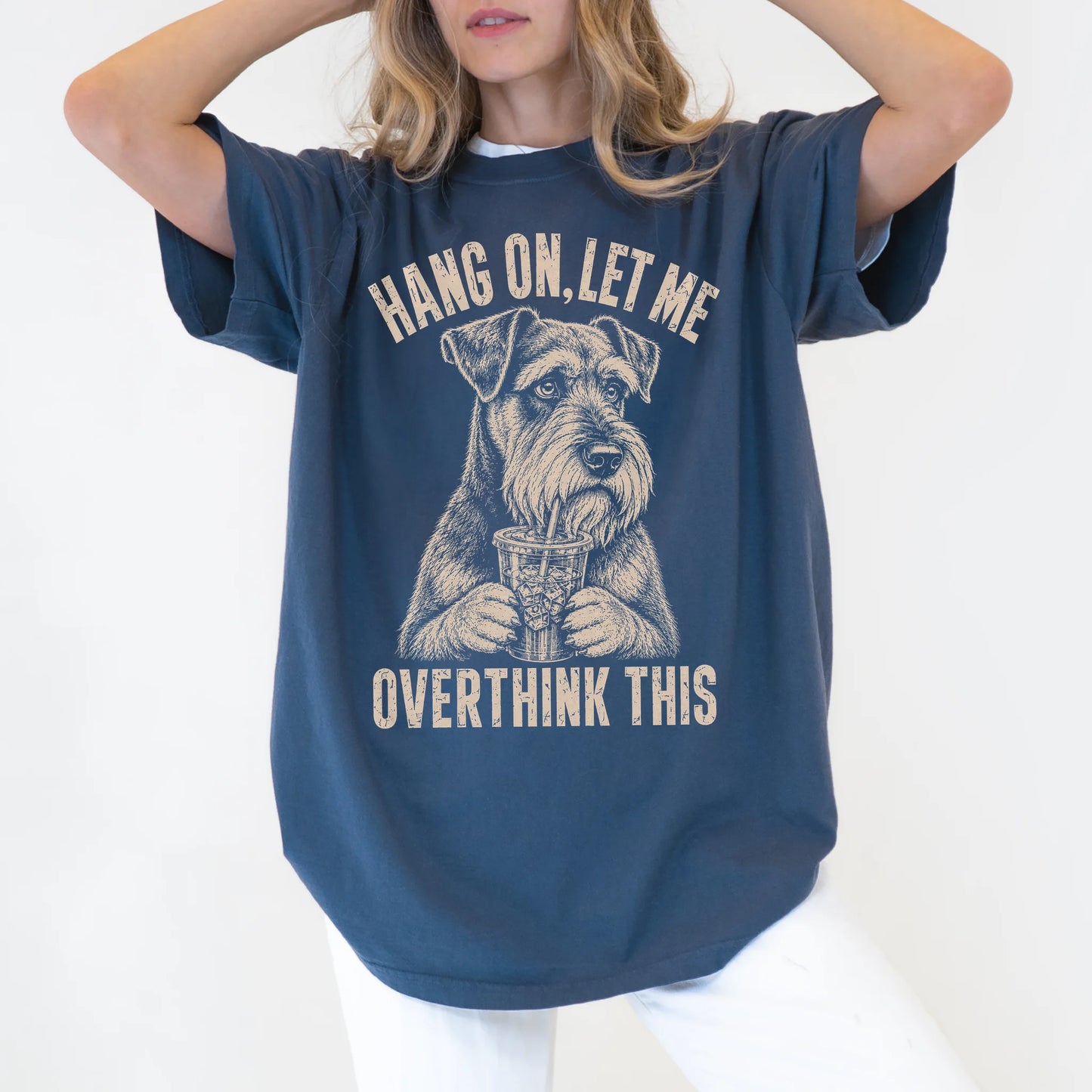 Woman wearing a Denim Overthinking Schnauzer T-Shirt