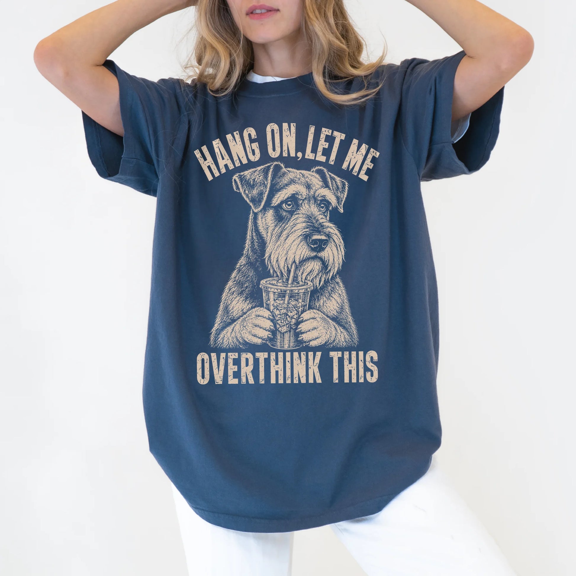 Woman wearing a Denim Overthinking Schnauzer T-Shirt