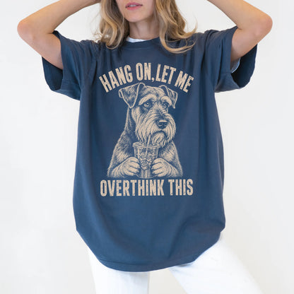 Woman wearing a Denim Overthinking Schnauzer T-Shirt