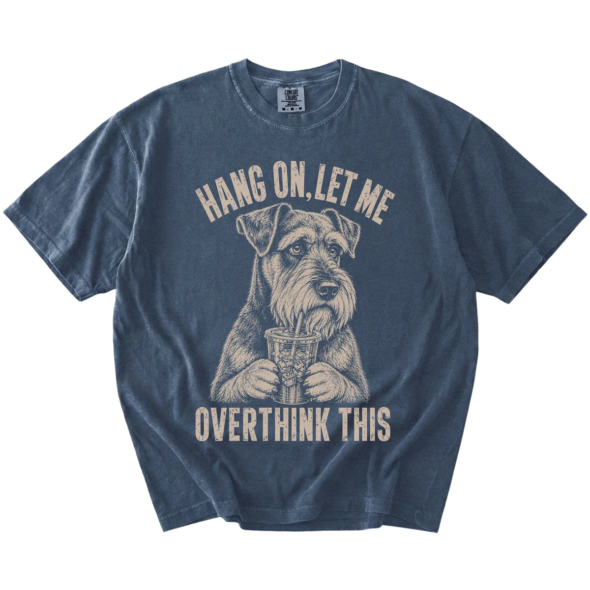 Denim Overthinking Schnauzer T-Shirt laid flat