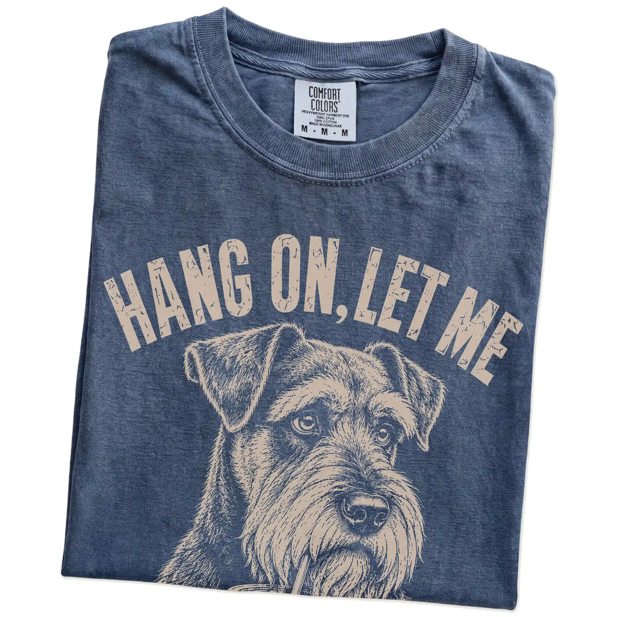 Folded Denim Overthinking Schnauzer T-Shirt showing the graphic