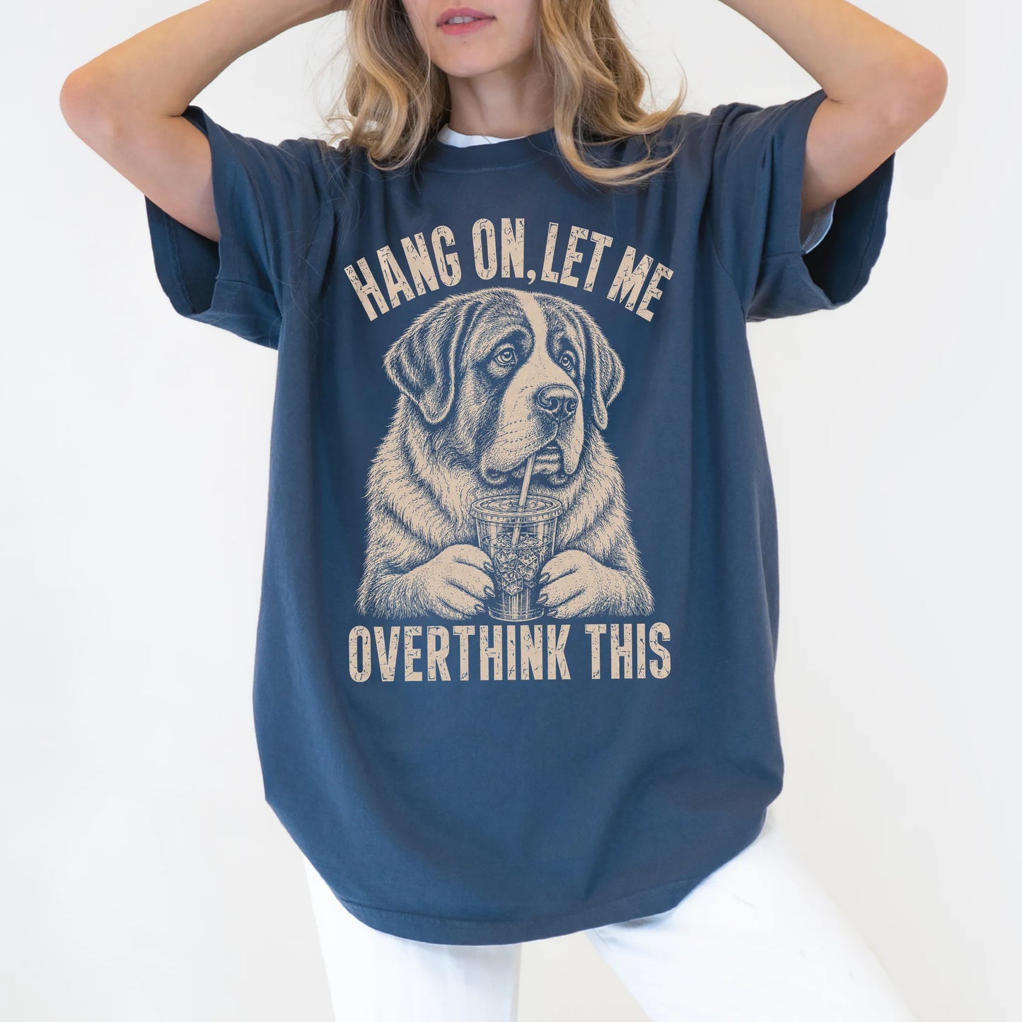 Woman wearing a Denim Overthinking St Bernard T-Shirt