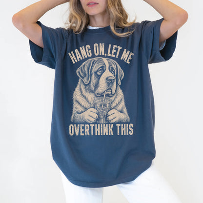 Woman wearing a Denim Overthinking St Bernard T-Shirt