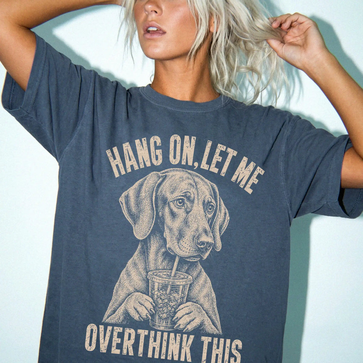 Woman wearing a Denim Overthinking Vizsla T-Shirt