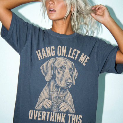 Woman wearing a Denim Overthinking Vizsla T-Shirt
