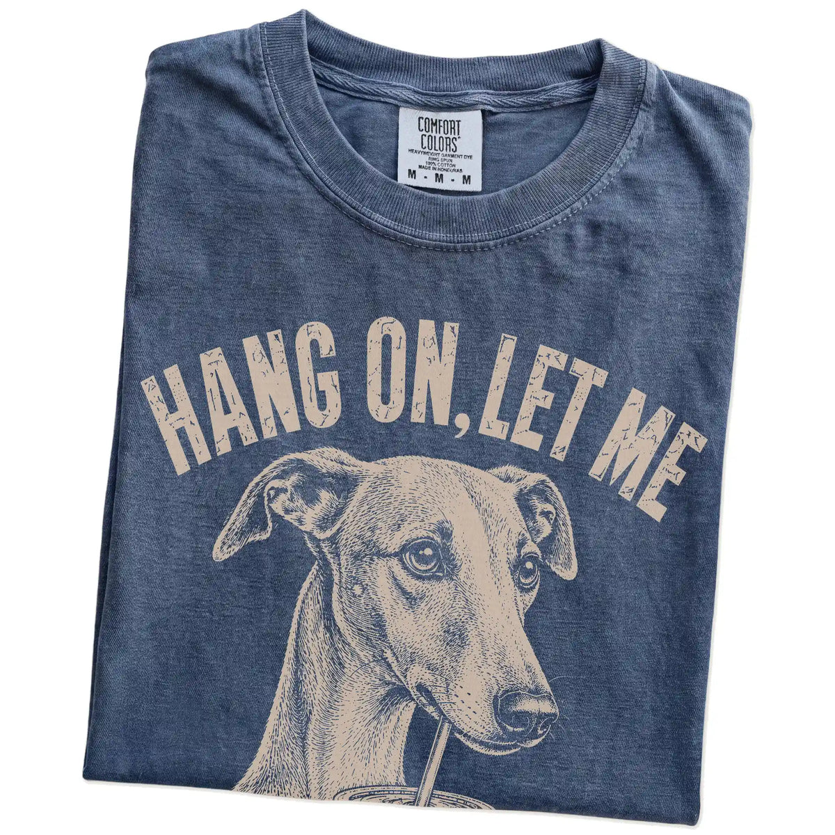 Folded Denim Overthinking Whippet T-Shirt showing the graphic
