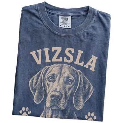 Folded Denim Comfort Colors® T-shirt showing Vizsla design with “Personal Space Is Overrated” lettering