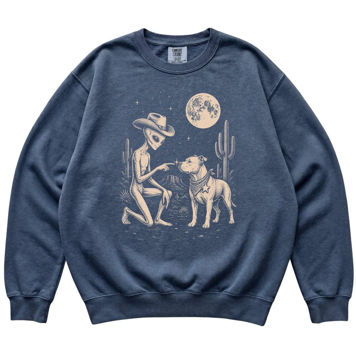 Denim Comfort Colors® sweatshirt featuring Pitbull Cowboy and Alien, laid-flat presentation
