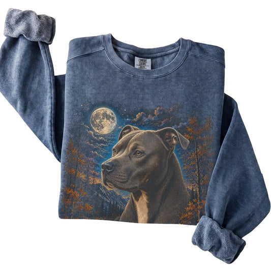 Folded denim sweatshirt with Pitbull Autumn Moon artwork.
