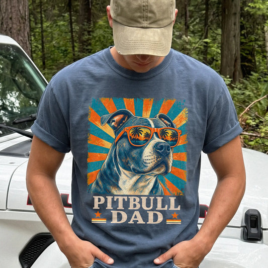 Retro Pitbull Dad design on a Denim Comfort Colors T-shirt worn by a model