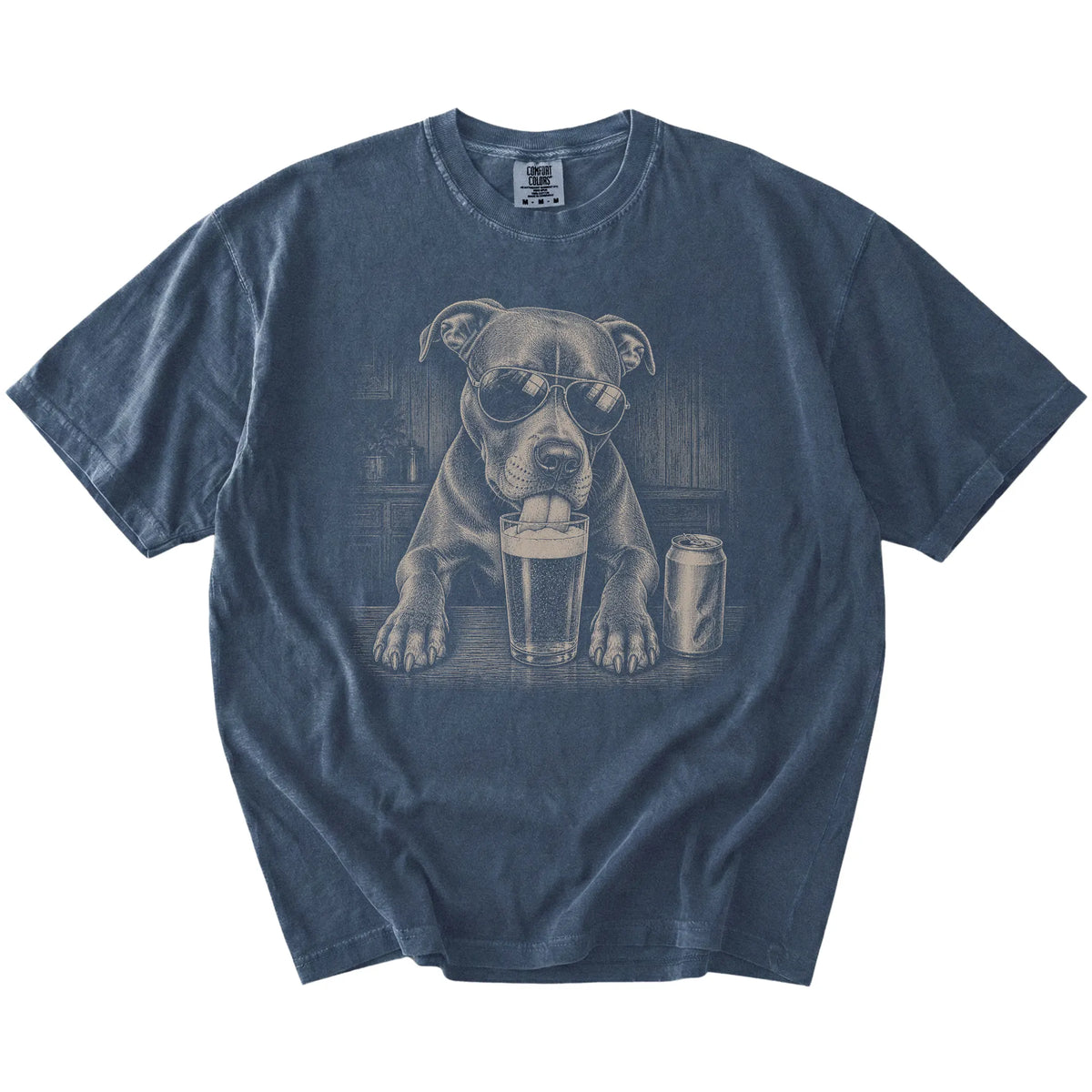 Pitbull sneaking a drink from a foamy pint at home on a Denim Comfort Colors® t-shirt