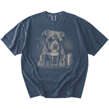 Pitbull sneaking a drink from a foamy pint at home on a Denim Comfort Colors® t-shirt