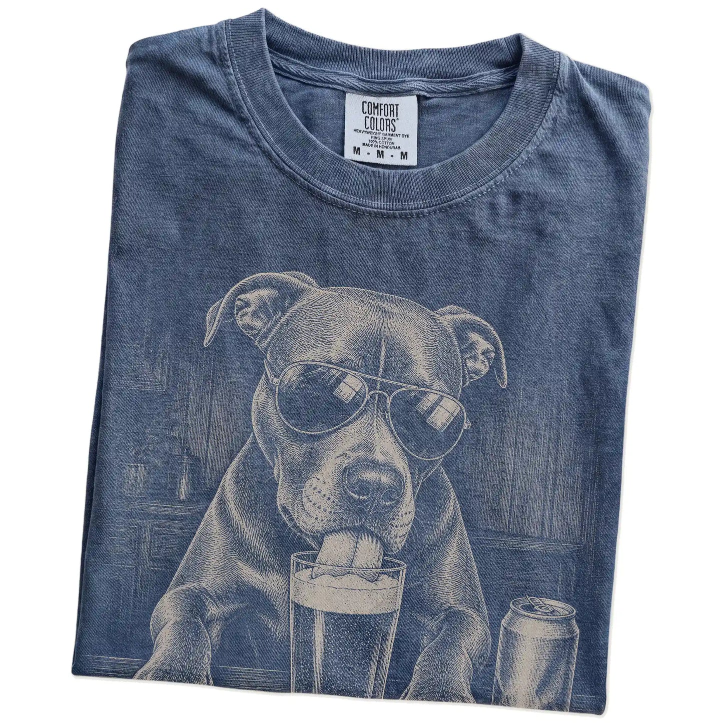 Folded Denim Comfort Colors® t-shirt showing Pitbull sneaking a drink from a pint