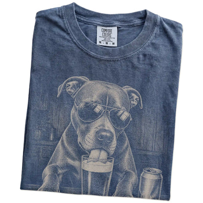 Folded Denim Comfort Colors® t-shirt showing Pitbull sneaking a drink from a pint