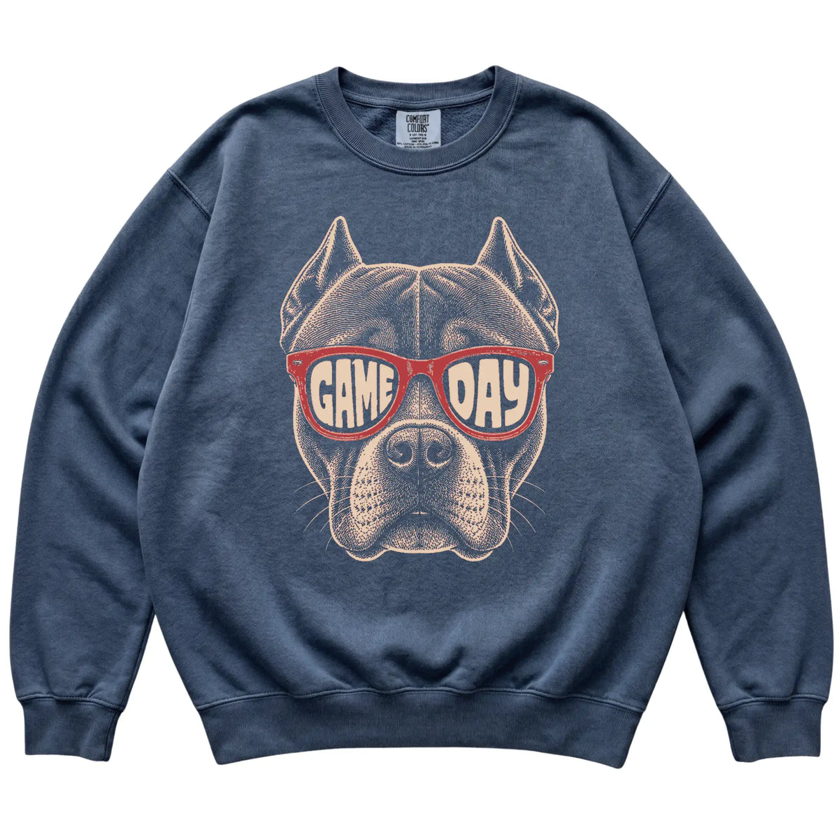 Denim Pitbull Game Day Sunglasses sweatshirt, laid flat