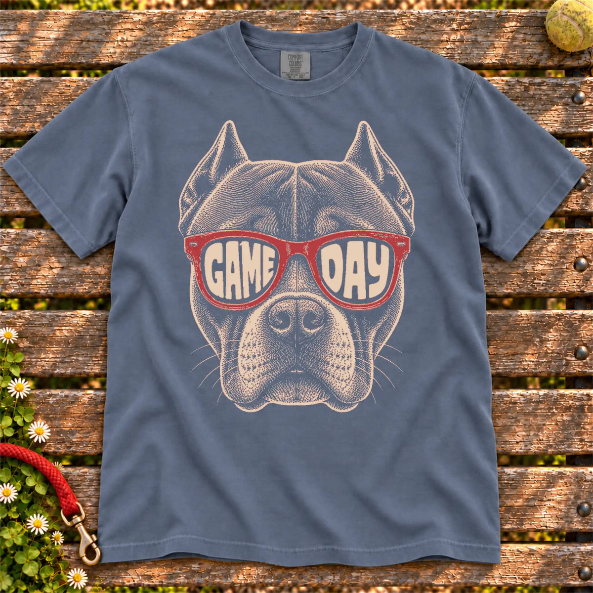 Pitbull Game Day design on a Denim Comfort Colors T-shirt, shown flat