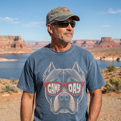 Model wearing a Denim Comfort Colors® T-shirt with pitbull wearing red game day sunglasses