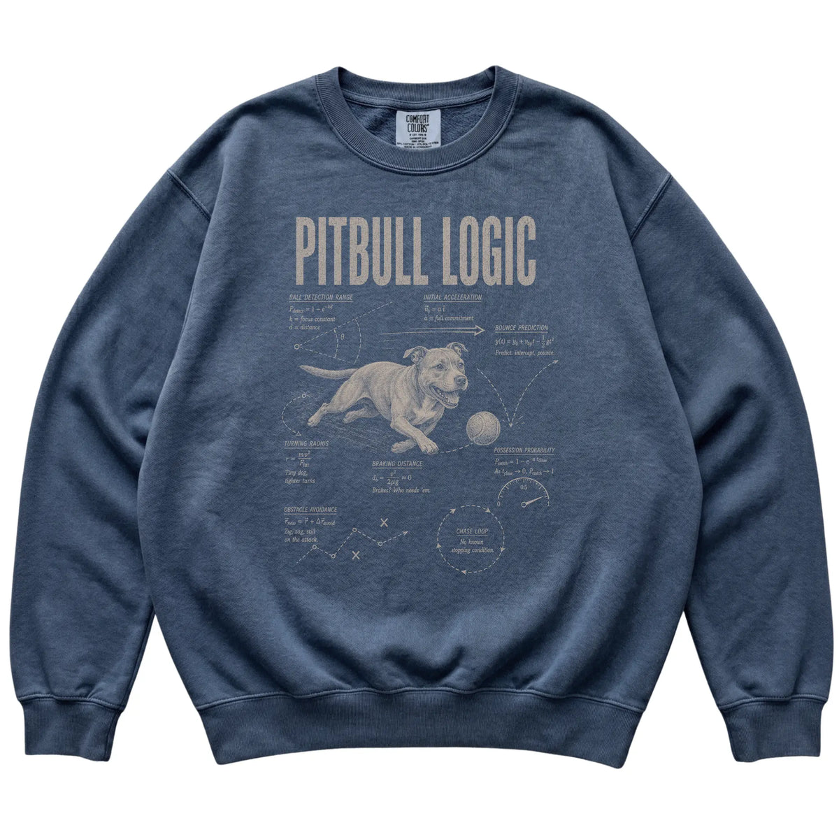 Denim Pitbull Logic sweatshirt laid flat