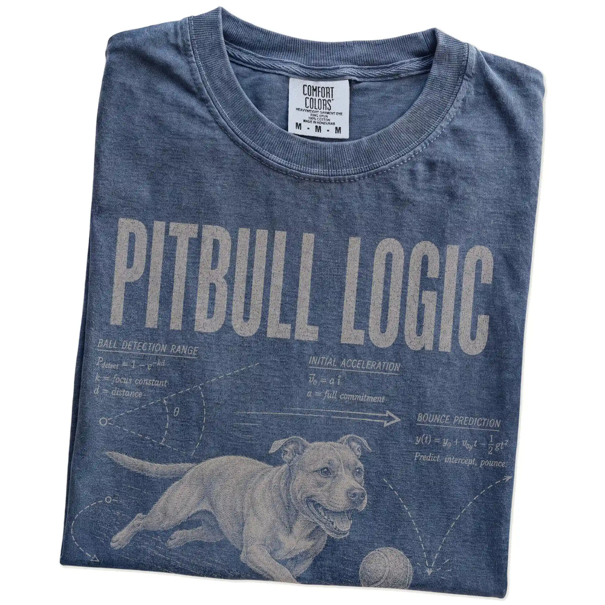 Folded Denim Pitbull Logic T-Shirt showing the graphic