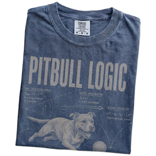 Folded Denim Pitbull Logic T-Shirt showing the graphic