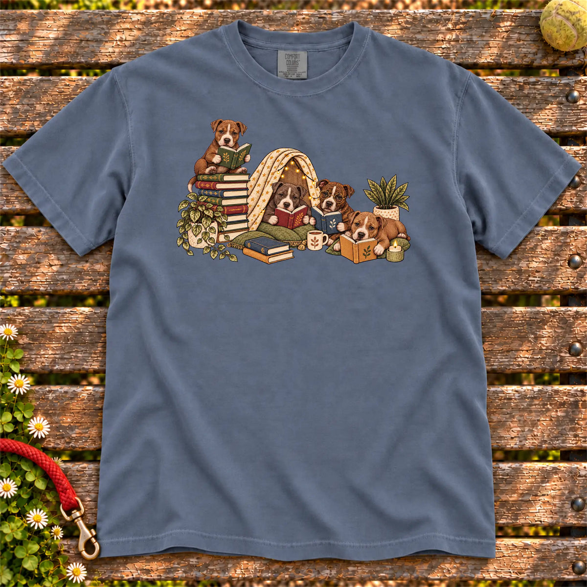 Pitbull puppies reading books in a cozy blanket fort on a Denim T-shirt